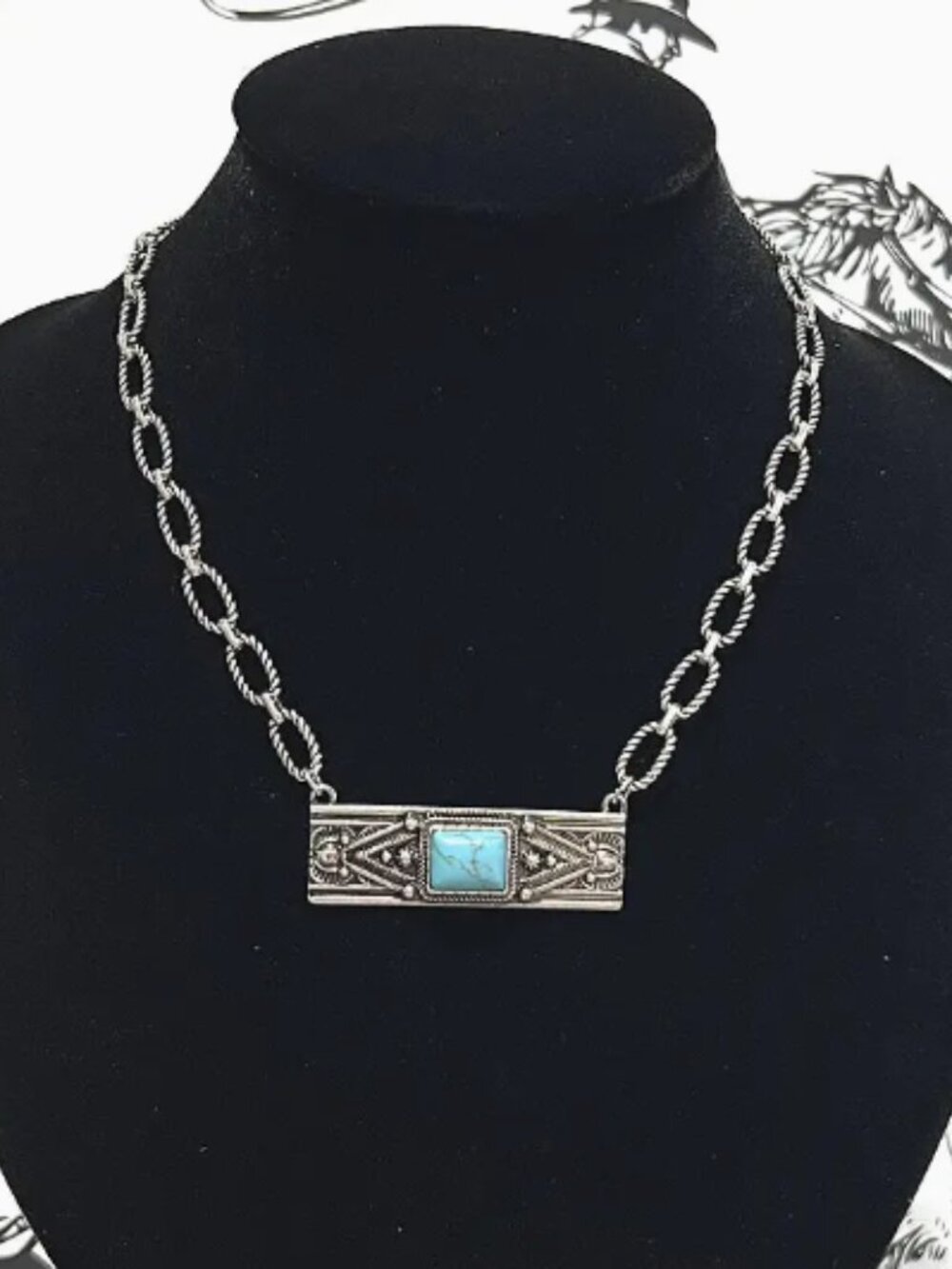 Western Turquoise Semi Stone Engraved Bar Silver Tone Necklace NWT